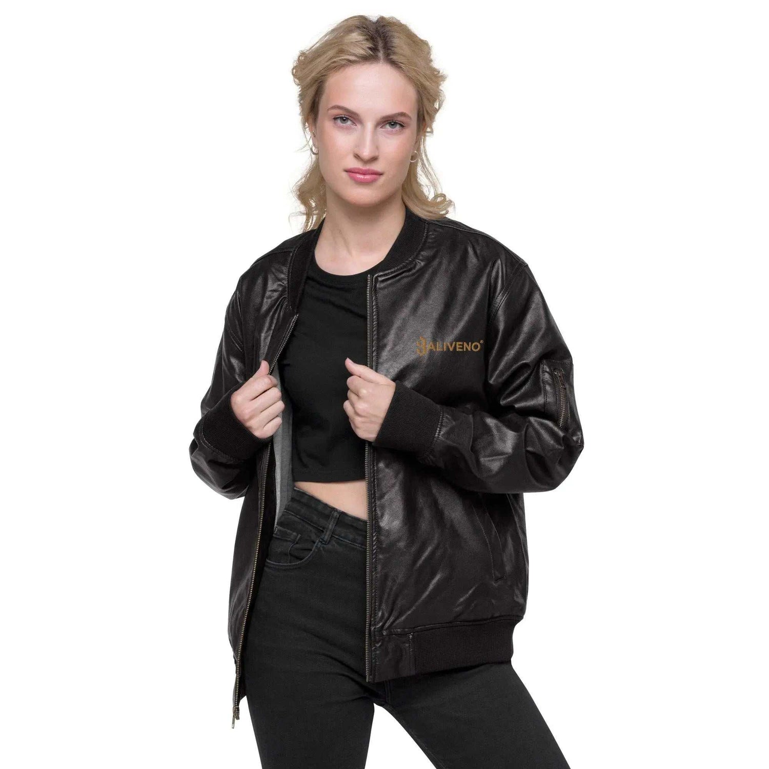 Leather Bomber JacketLeather Bomber JacketElevate your wardrobe with timeless style and sophistication with our Leather Bomber Jacket. Crafted from high-quality 100% PU leather, this classic piece is a must-[Bal]