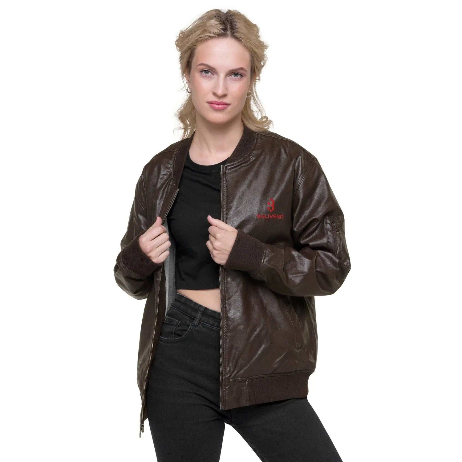 Leather Bomber JacketLeather Bomber JacketElevate your wardrobe with timeless style and sophistication with our Leather Bomber Jacket. Crafted from high-quality 100% PU leather, this classic piece is a must-[Bal]