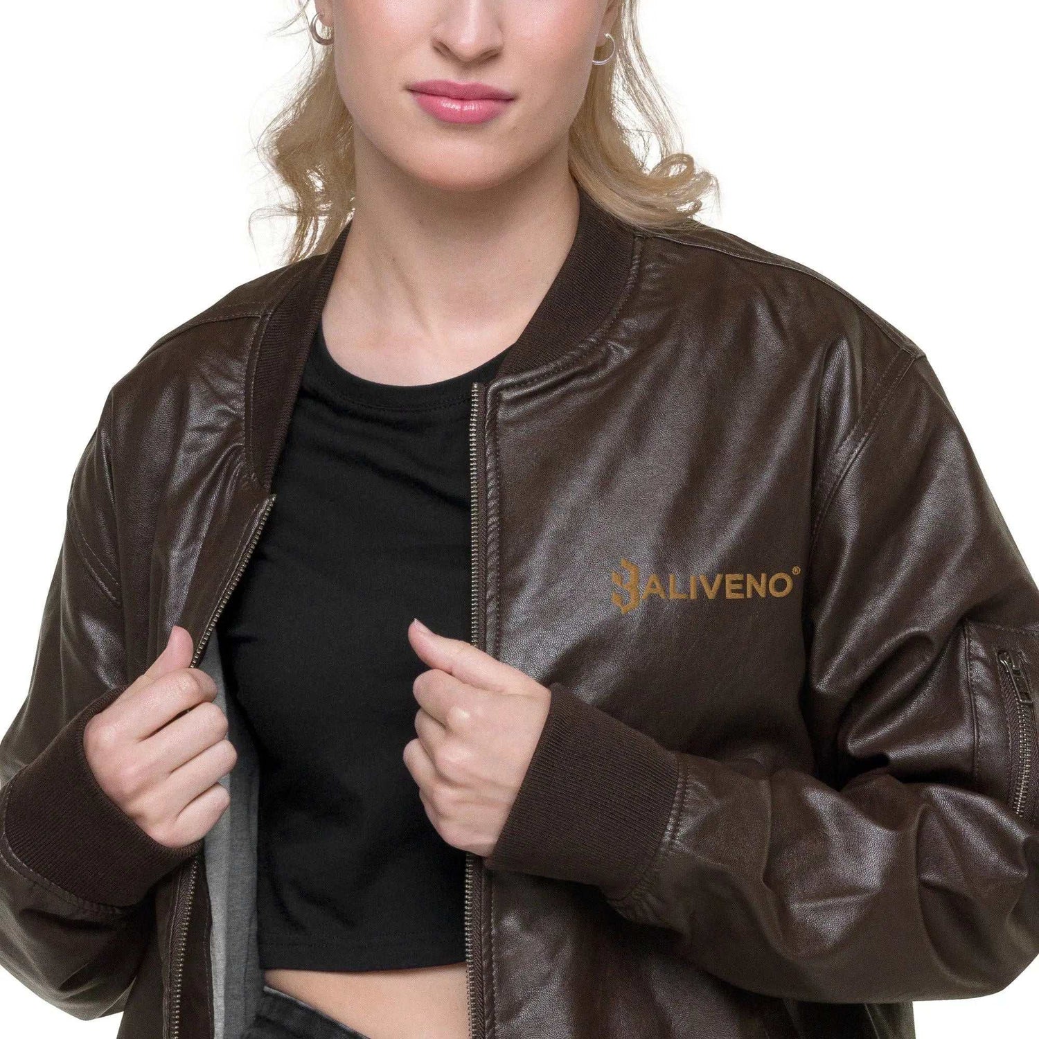 Leather Bomber JacketLeather Bomber JacketElevate your wardrobe with timeless style and sophistication with our Leather Bomber Jacket. Crafted from high-quality 100% PU leather, this classic piece is a must-[Bal]