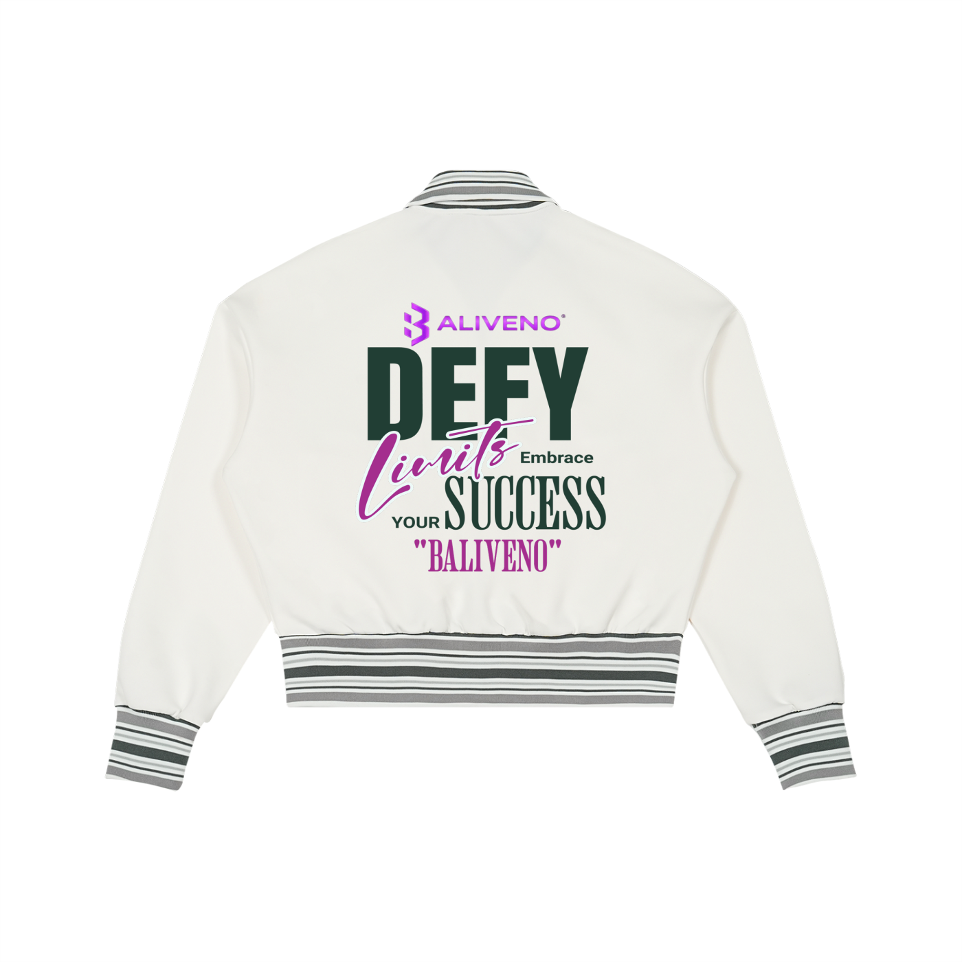 Baliveno Striped Rib Collar Zip Jacket featuring inspirational text on the back in a stylish design.