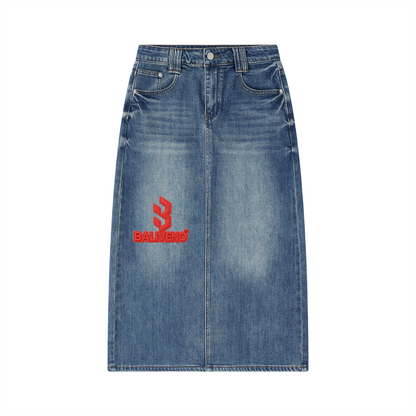 Baliveno Red Print Women’s Vintage Wash Denim Skirt