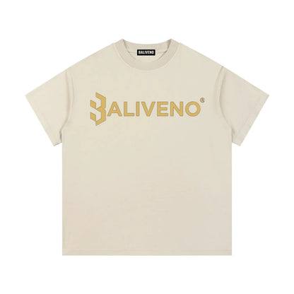 BALIVENO Vintage Wash Cotton T-Shirt in beige with logo, casual style for street, school, outdoor activities. 🌟👕