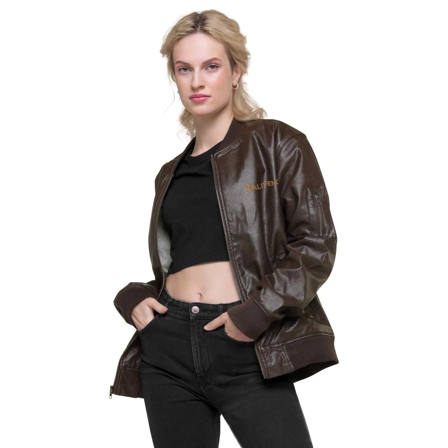 Leather Bomber JacketLeather Bomber JacketElevate your wardrobe with timeless style and sophistication with our Leather Bomber Jacket. Crafted from high-quality 100% PU leather, this classic piece is a must-[Bal]