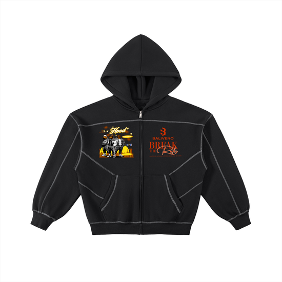 Contrast-Stitched Boxy Fleece Zip Hoodie