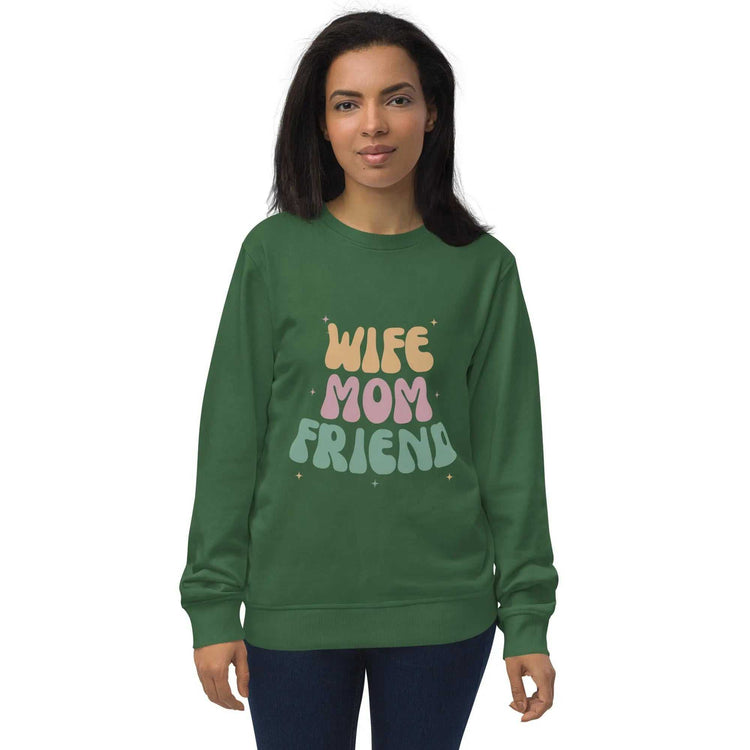 Wife Mom FriendWife Mom Friend SweatshirtIntroducing the Wife Mom Friend Sweatshirt, a cozy essential crafted from a blend of organic and recycled materials. This sweatshirt boasts a soft and inviting feel,[Bal]